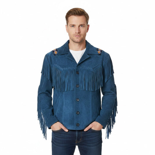 Man wearing a blue fringed jacket on a white background