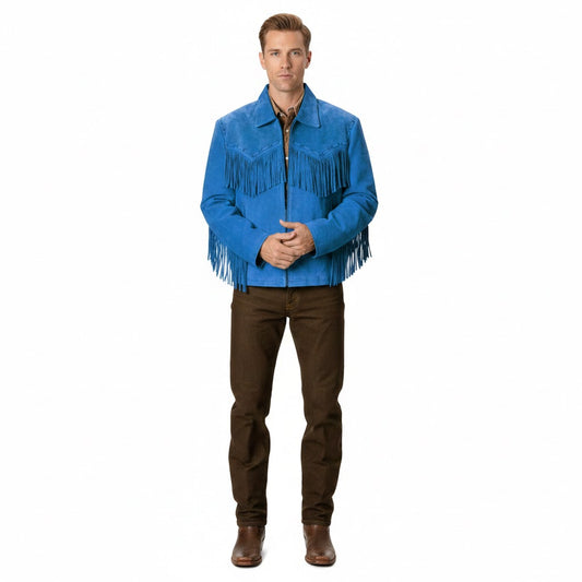 Man wearing a blue fringed jacket on a white background