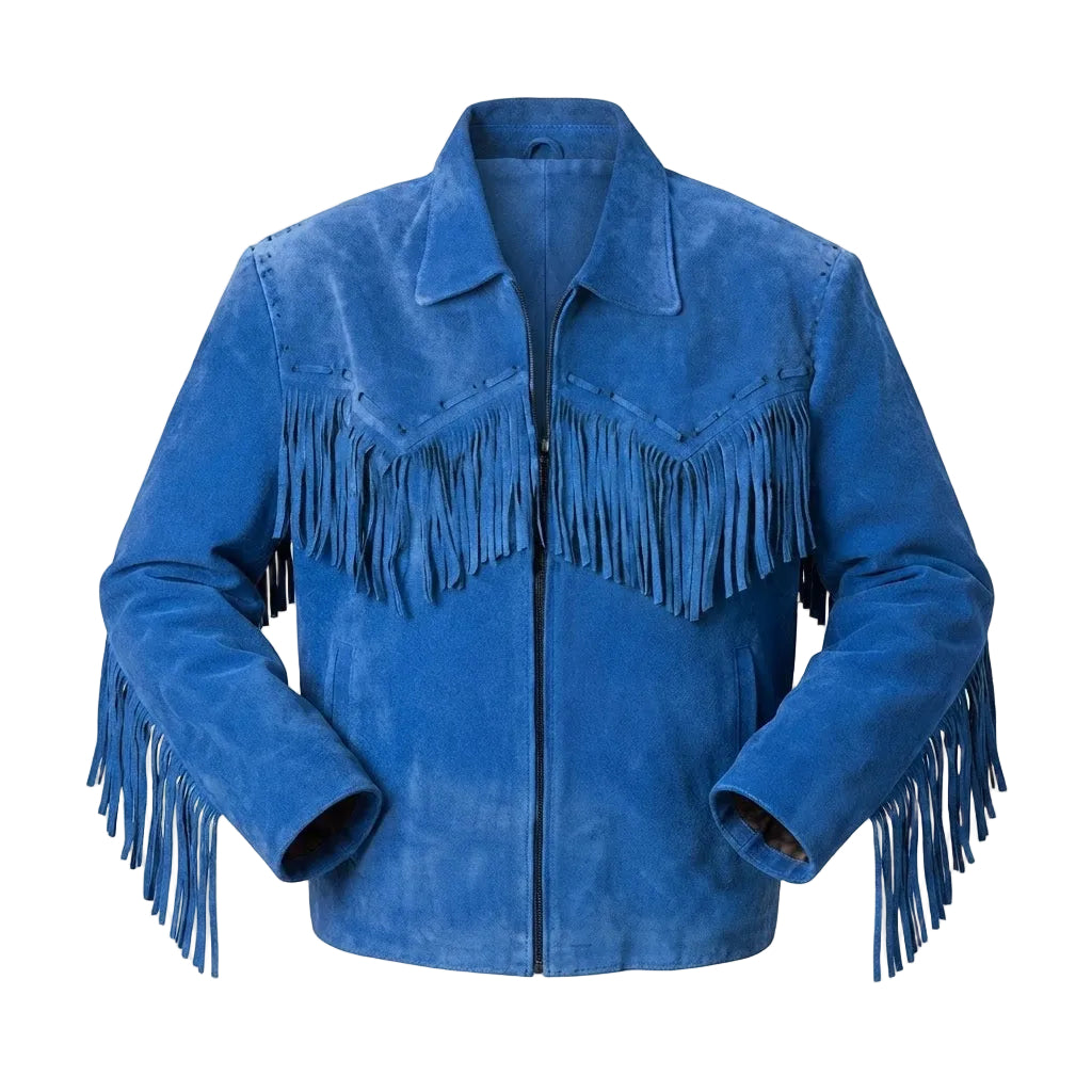 A blue suede fringed jacket with a collar, front zipper, and decorative fringe detailing on the chest and sleeves, shown against a plain white background.