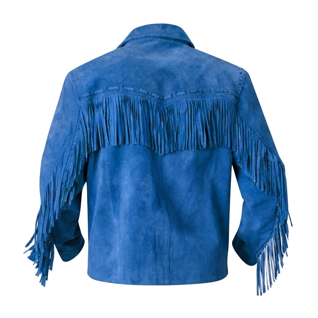 A blue suede fringe jacket shown from the back, featuring long fringe detailing across the shoulders and down the sleeves, set against a plain white background.