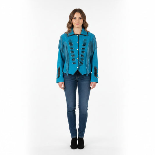 Woman wearing a blue jacket with fringe details on a white background