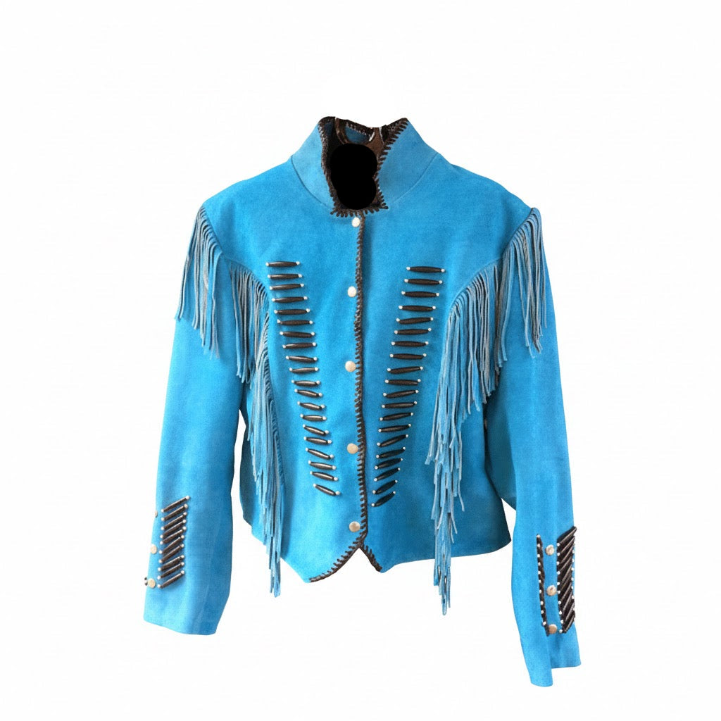 Blue jacket with fringes and decorative elements on a white background