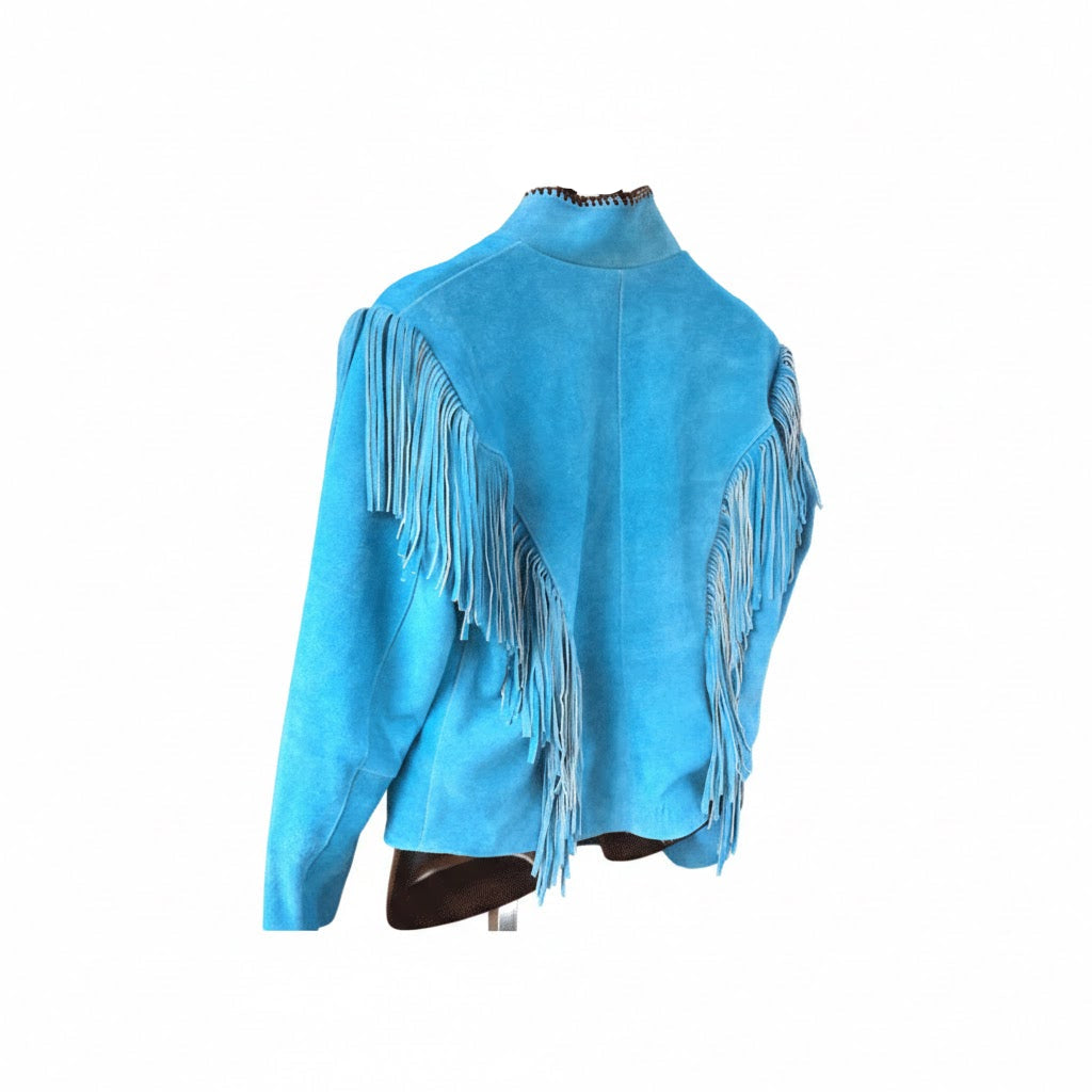 Blue fringed jacket on a mannequin against a white background