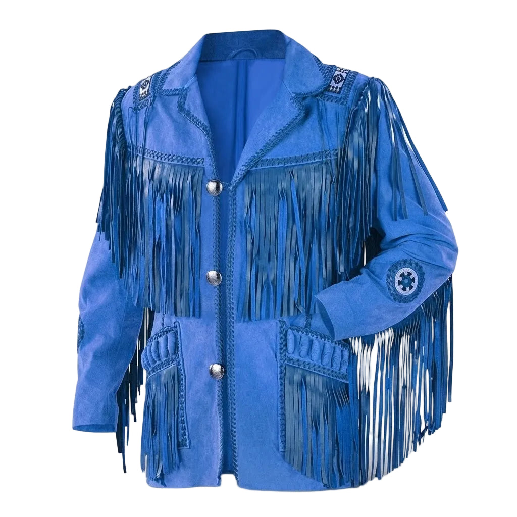 A blue suede fringe jacket with silver-tone snap buttons, decorative stitching, and embroidered details on the shoulders and sleeve, shown against a plain white background.
