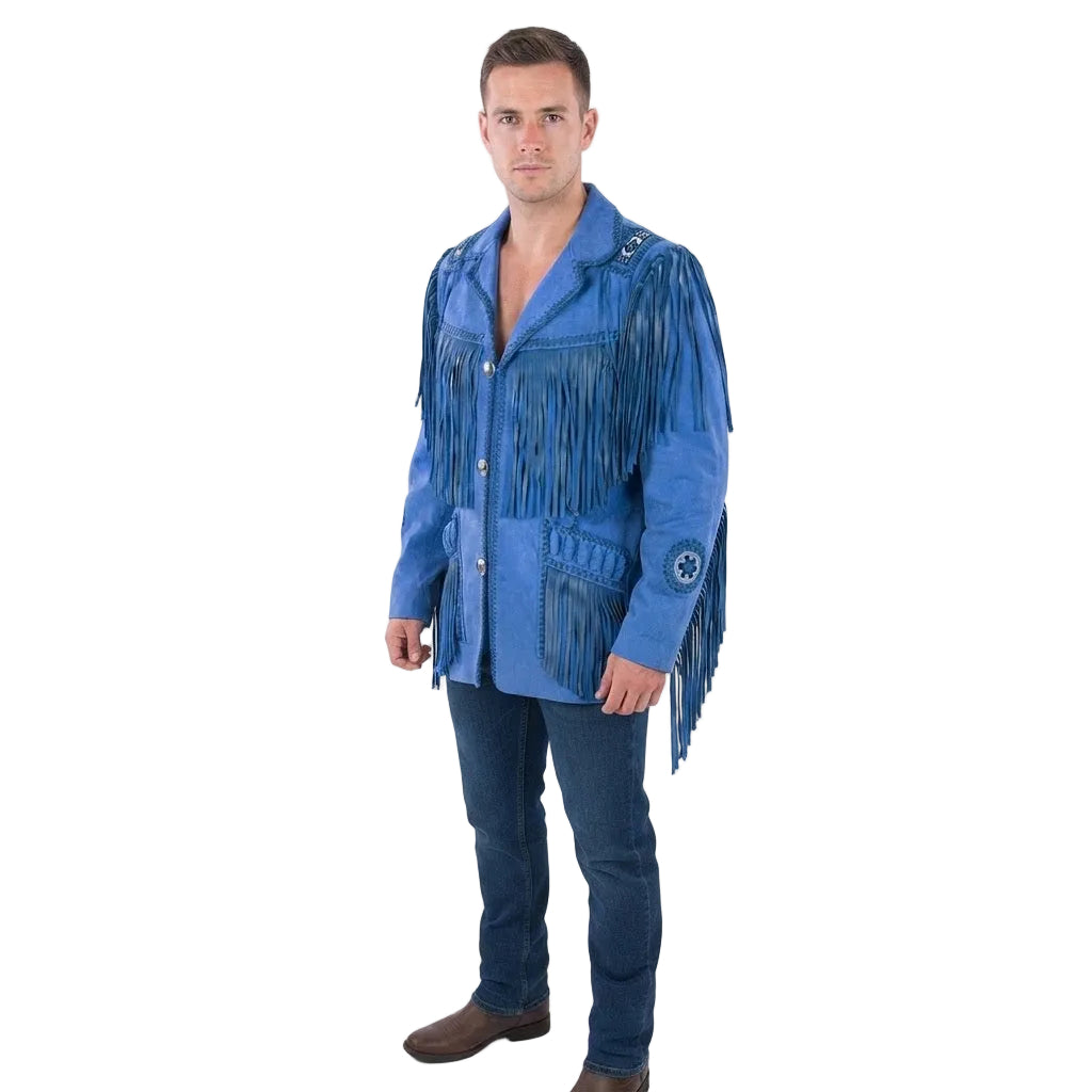 A man modeling a blue suede fringe jacket with western-style buttons and pockets, paired with blue jeans and brown boots, against a plain white studio background.