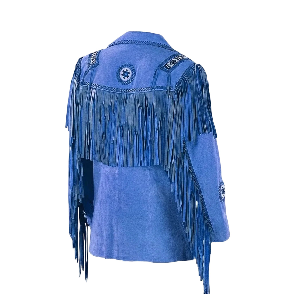 A blue suede fringe jacket shown from the back, featuring long fringe across the shoulders and upper back, decorative embroidered patches, and a collar, photographed against a plain white background.