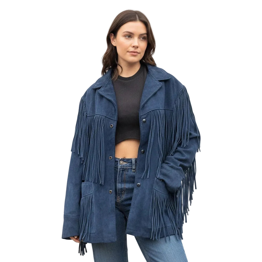 Woman wearing a blue fringed jacket on a white background