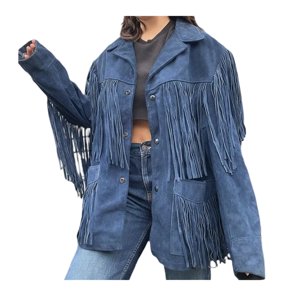 Blue fringed jacket worn by a person on a white background
