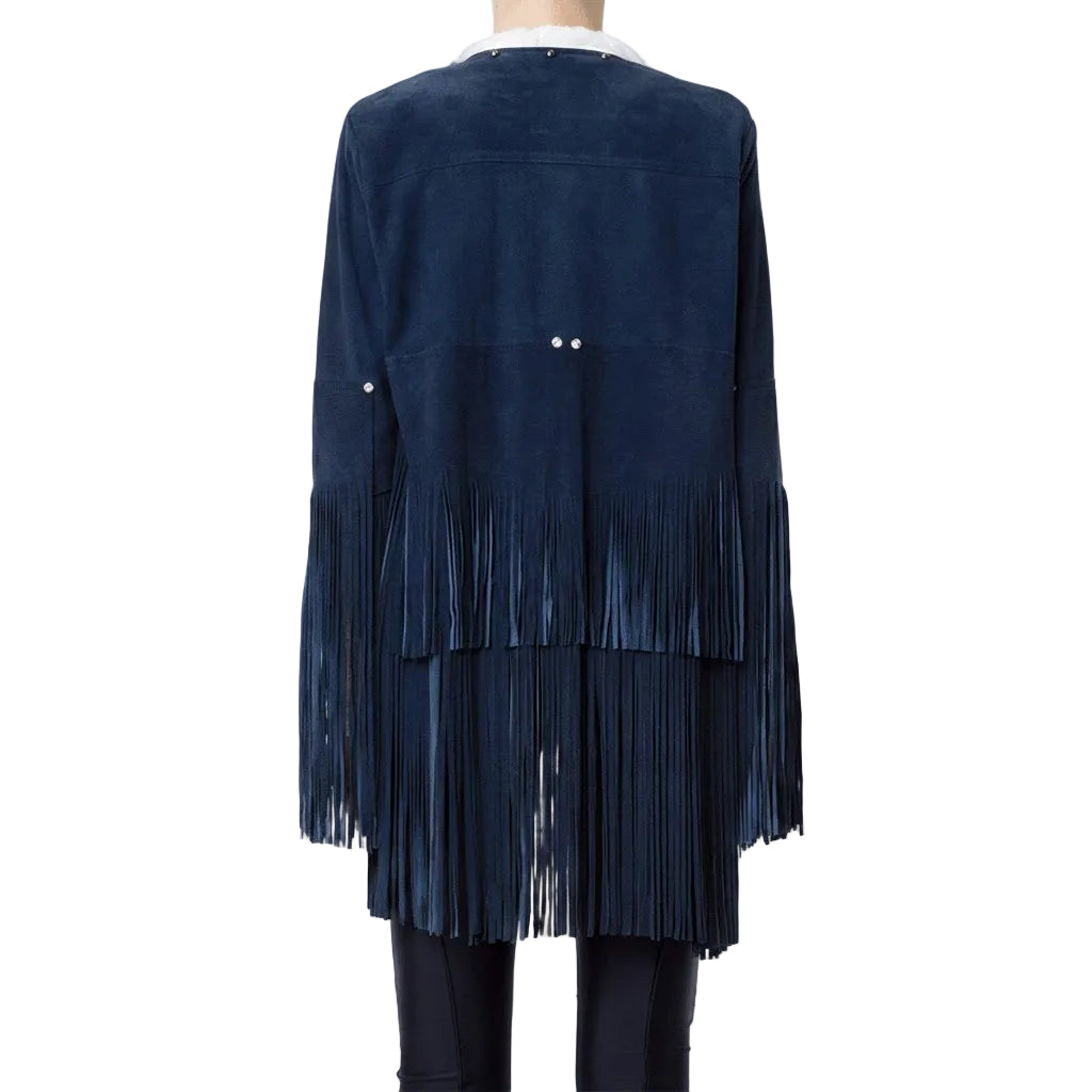 Navy blue suede fringe jacket on a white background