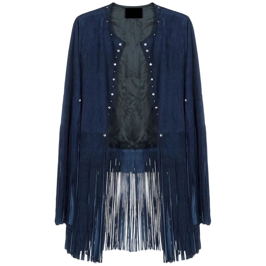 Navy blue fringe jacket on a white background