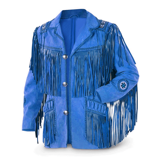 Western Blue Suede Leather Fringe Beaded Leather Jacket LWJ702