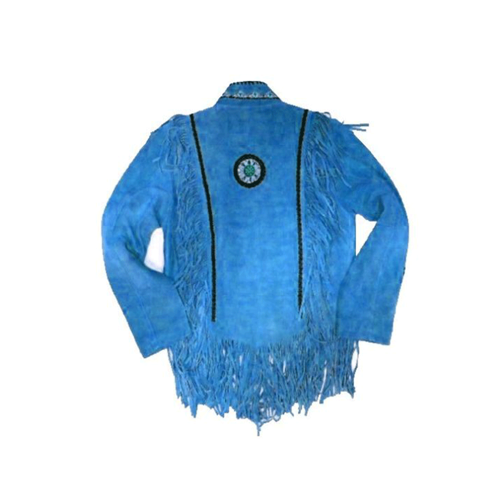 Western Blue Suede Leather Fringe Beaded Leather Jacket LWJ701