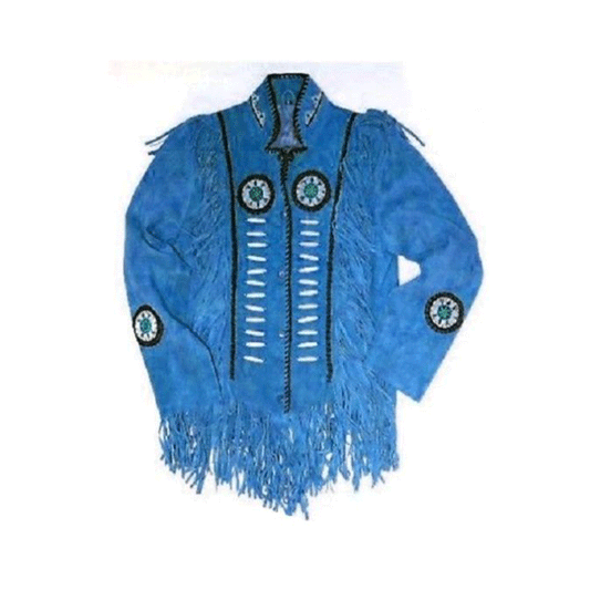 Western Blue Suede Leather Fringe Beaded Leather Jacket LWJ701