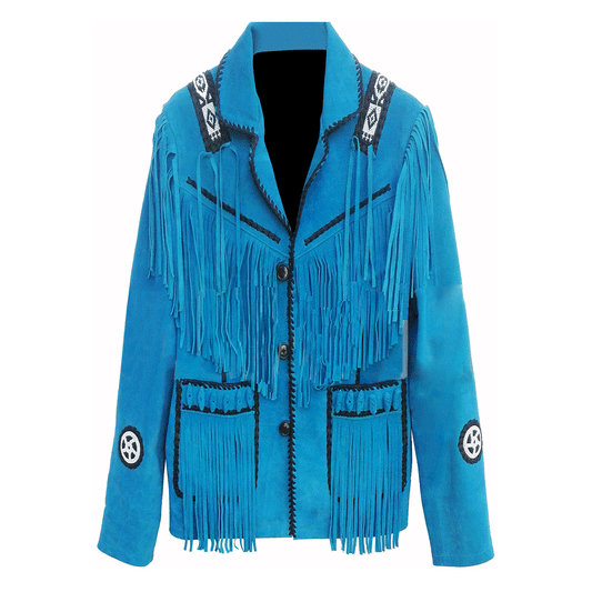 Western Blue Suede Leather Fringe Beaded Jacket LWJ708