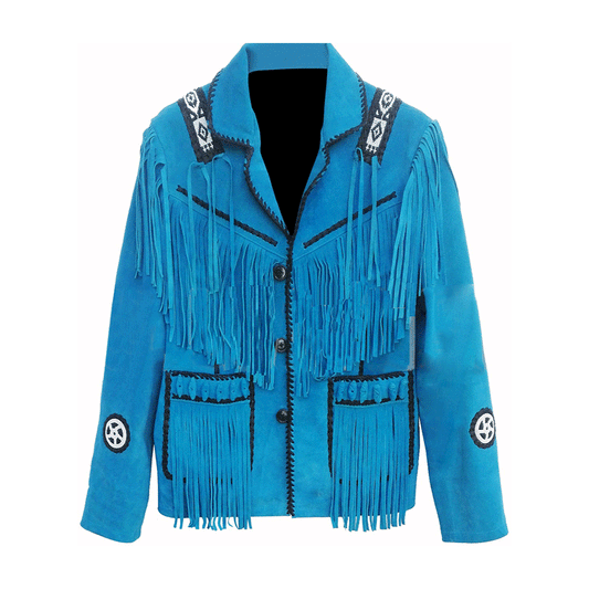 Western Blue Suede Leather Fringe Beaded Jacket  Cowboy JacketLWJ708