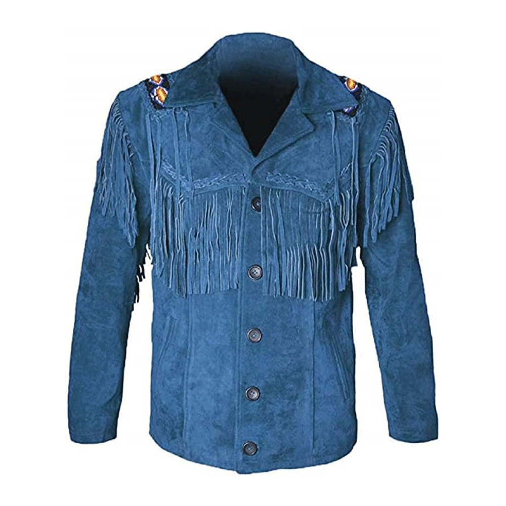 Western Blue Suede Leather Fringe Beaded Leather Jacket LWJ703