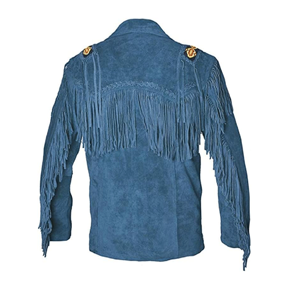 Western Blue Suede Leather Fringe Beaded Leather Jacket LWJ703