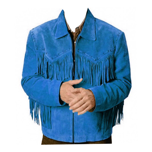 Western Blue Suede Leather Fringe Leather Jacket LWJ704