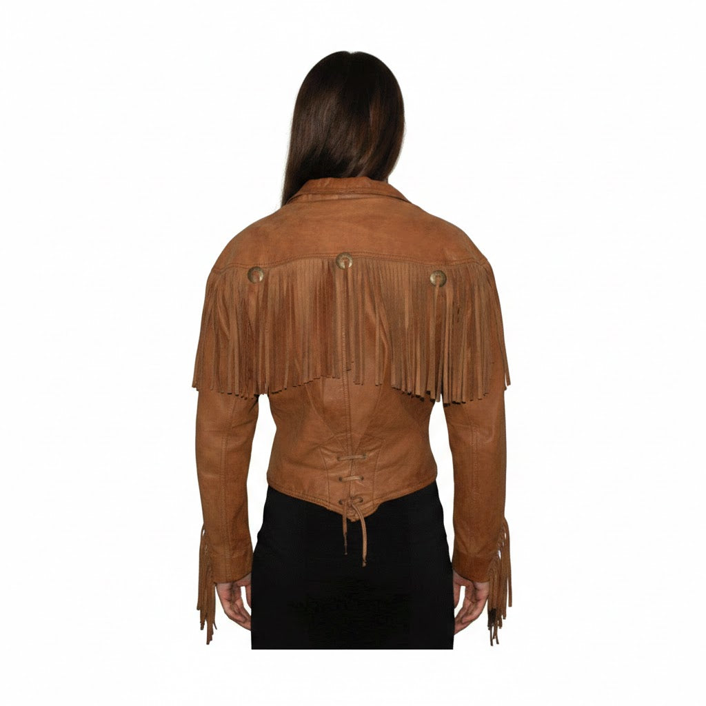 Brown suede fringe jacket on a white background