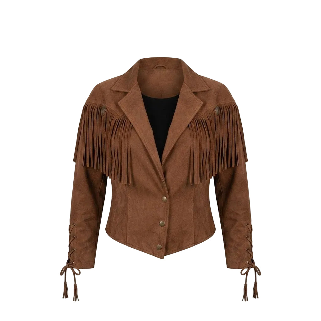 A brown faux-suede fringe jacket with a notched lapel, button front, and lace-up cuffs, displayed on a black mannequin torso against a white background.