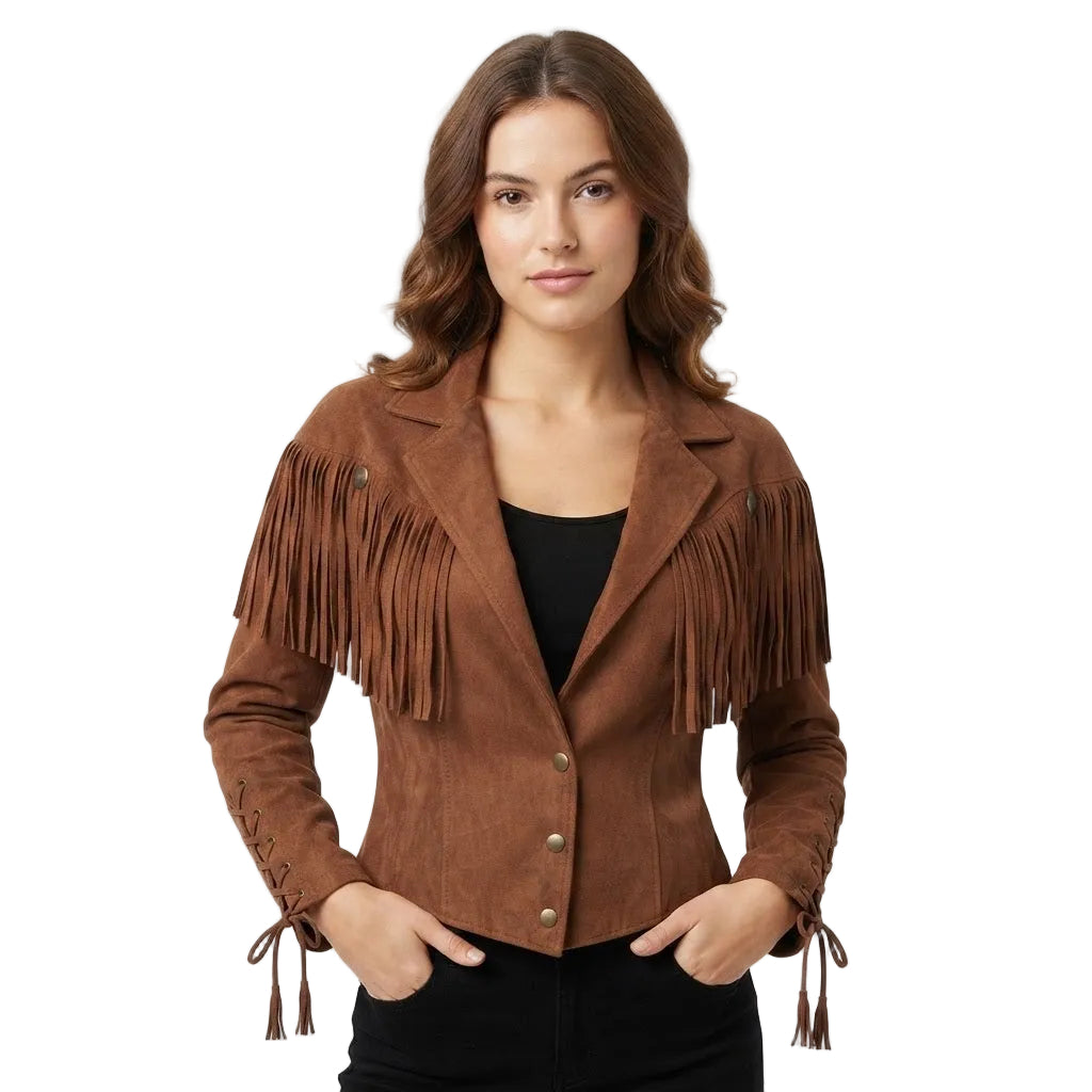 A woman modeling a brown suede fringe jacket over a black top, photographed against a clean white studio background.