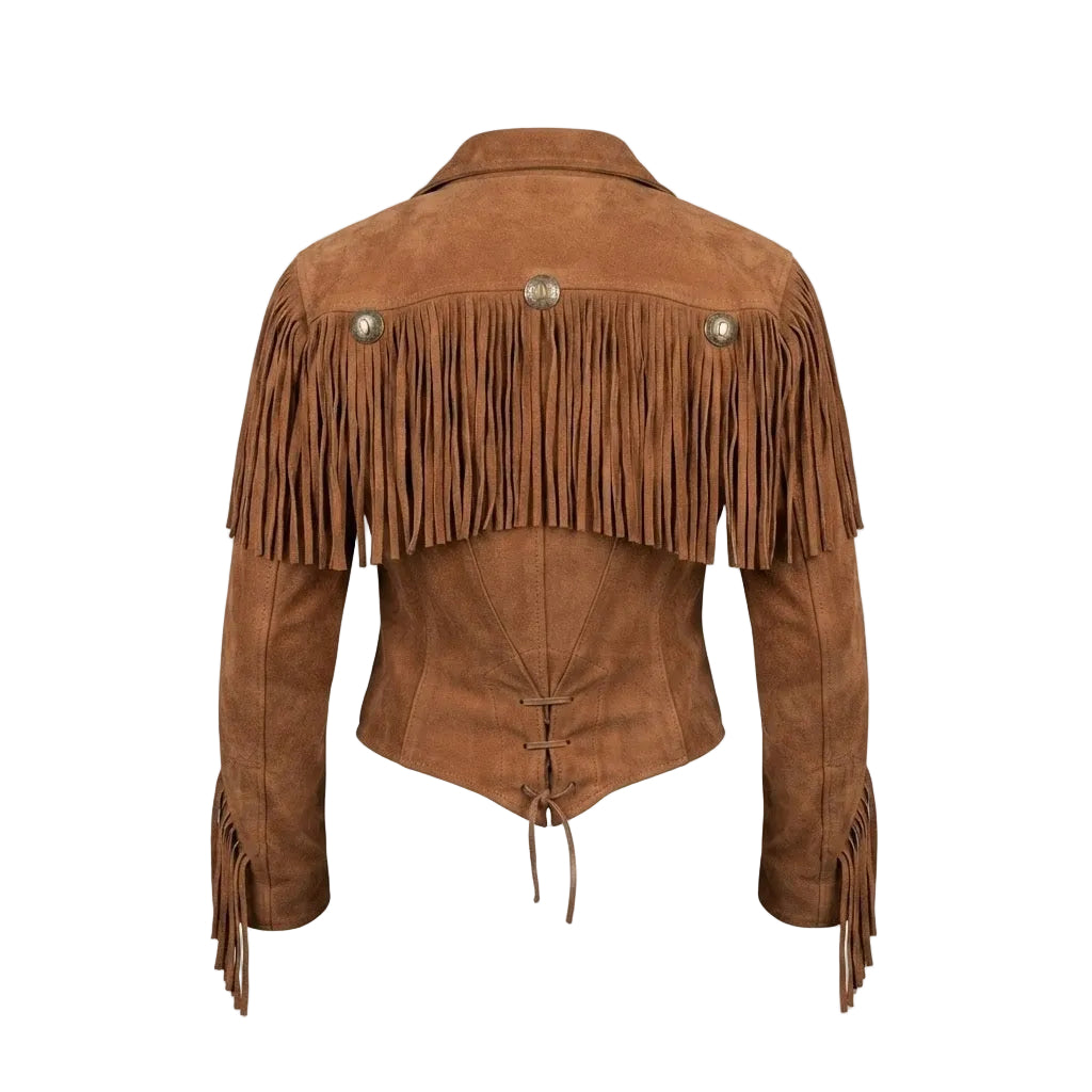 A brown suede fringe jacket shown from the back, featuring a collar, three decorative metal buttons across the shoulders, a lace-up back, and fringe detailing on the sleeves and lower back.
