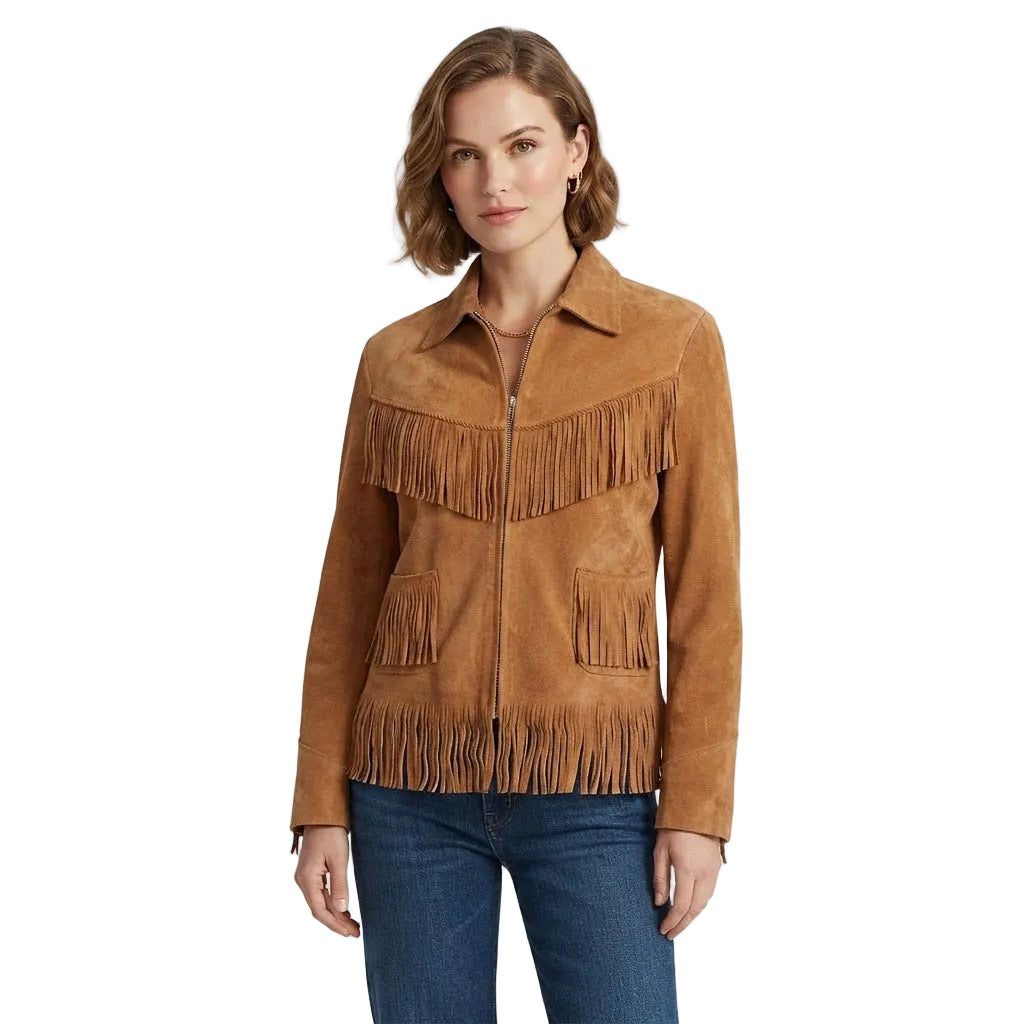 A woman wearing a Brown suede fringe jacket and blue jeans, standing against a plain white background.
