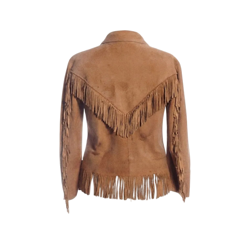 A brown suede fringe jacket shown from the back, featuring a V-shaped fringe detail across the upper back and long fringe along the sleeves and hem, displayed on a white background.