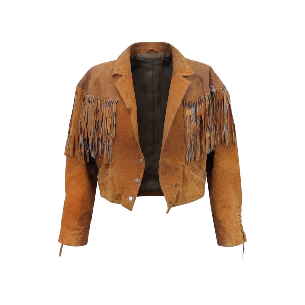 A cropped brown suede fringe jacket with a notched lapel, snap-button front, and long fringe detailing across the shoulders, shown on a plain white background.