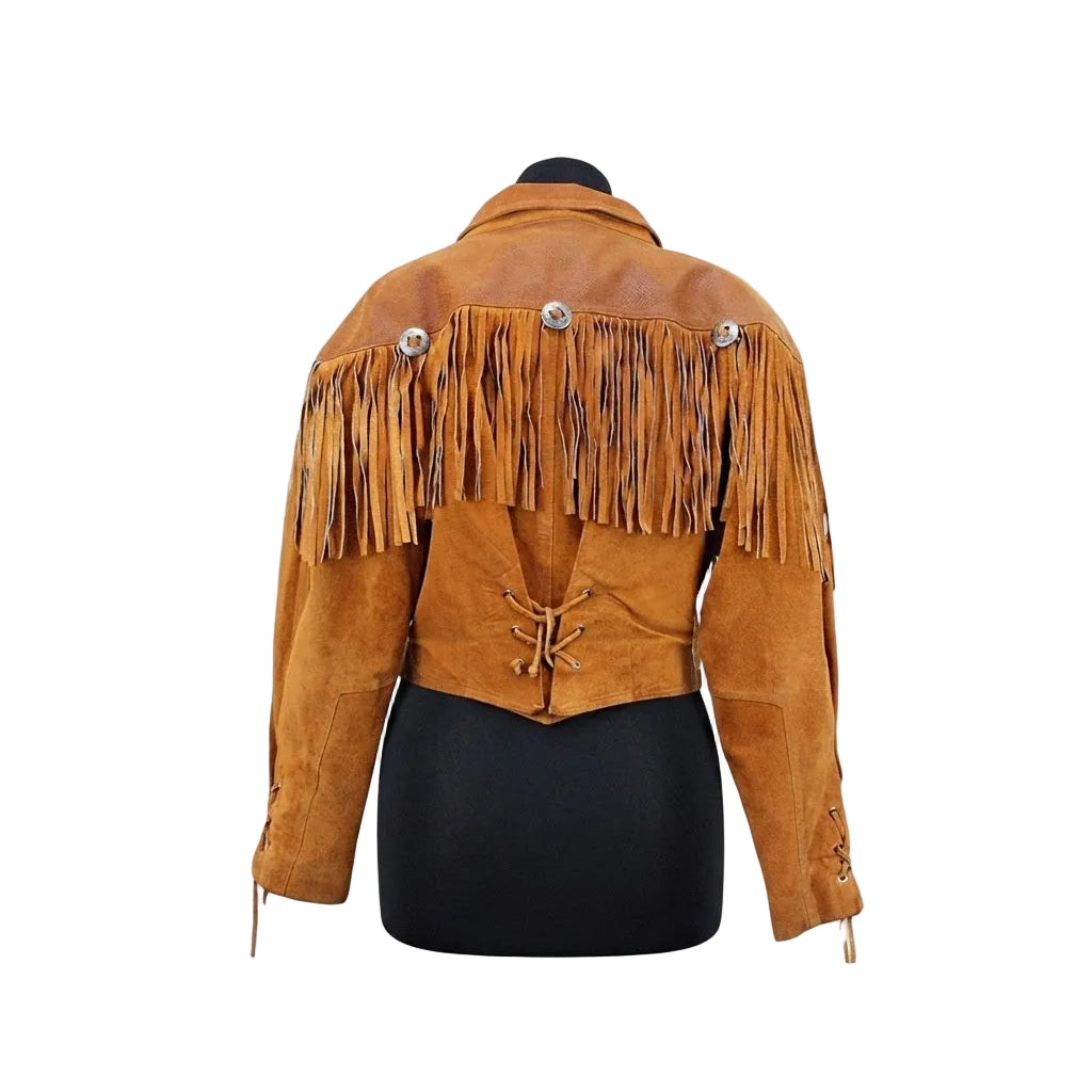 A Brown suede fringe jacket against a plain white background, showing the back view with fringe across the shoulders and lace-up detailing at the waist.