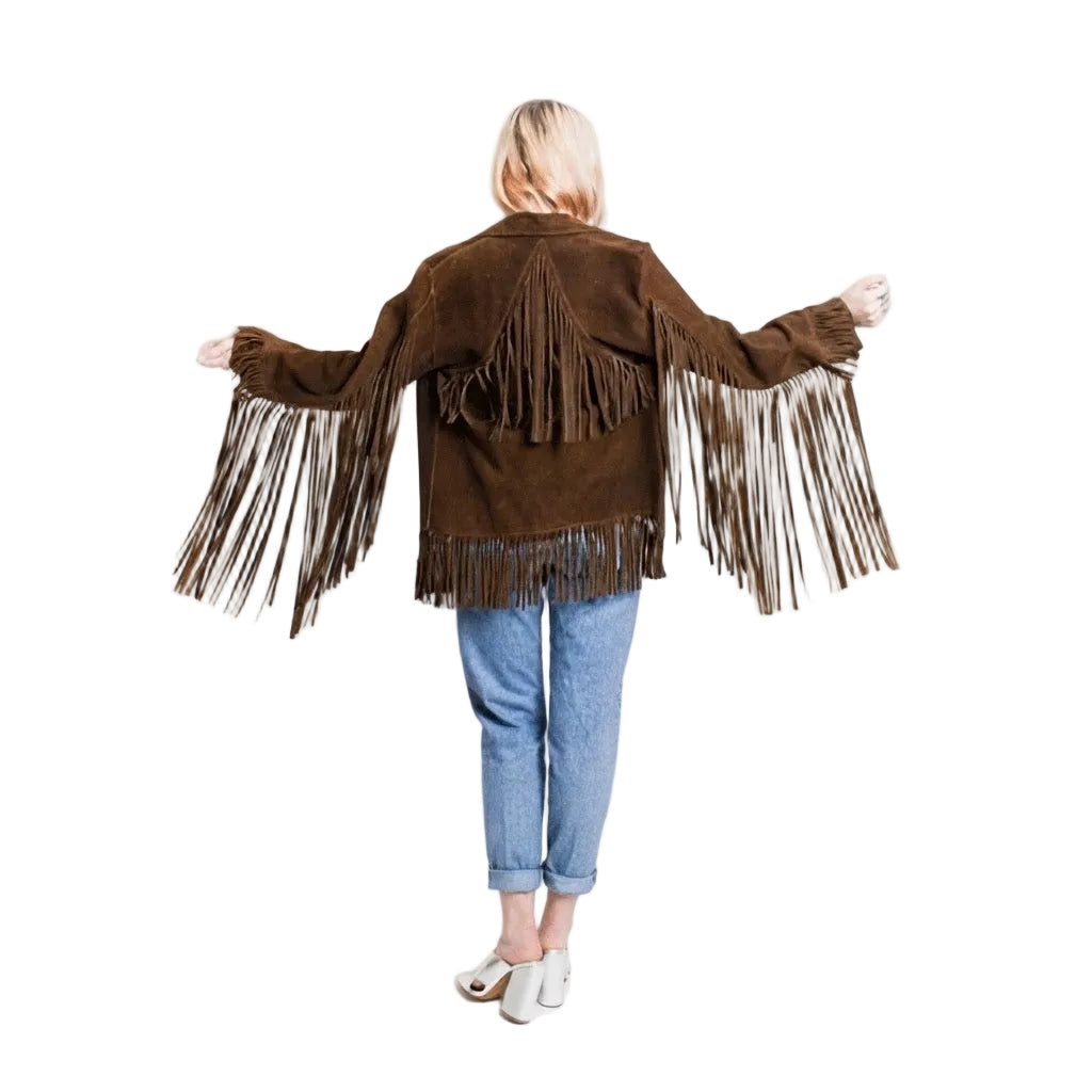 A woman viewed from behind wearing a brown suede fringe jacket with wide flared sleeves, paired with light blue jeans and white shoes, against a plain white background.