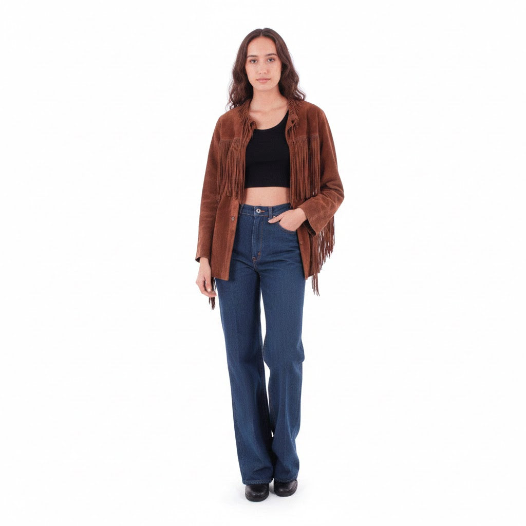 Woman wearing a brown suede jacket and blue jeans on a white background