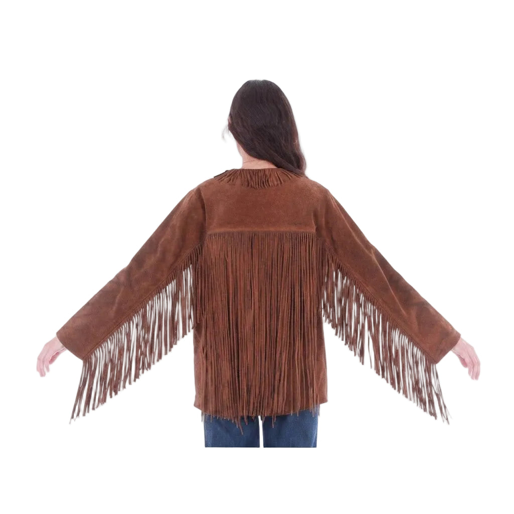 A woman viewed from the back wearing a brown suede fringe jacket with long fringed sleeves, paired with blue jeans, against a plain white background.