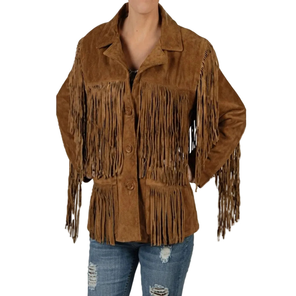 A brown suede fringe jacket with a pointed collar and button front, worn by a model with blue jeans against a white background.