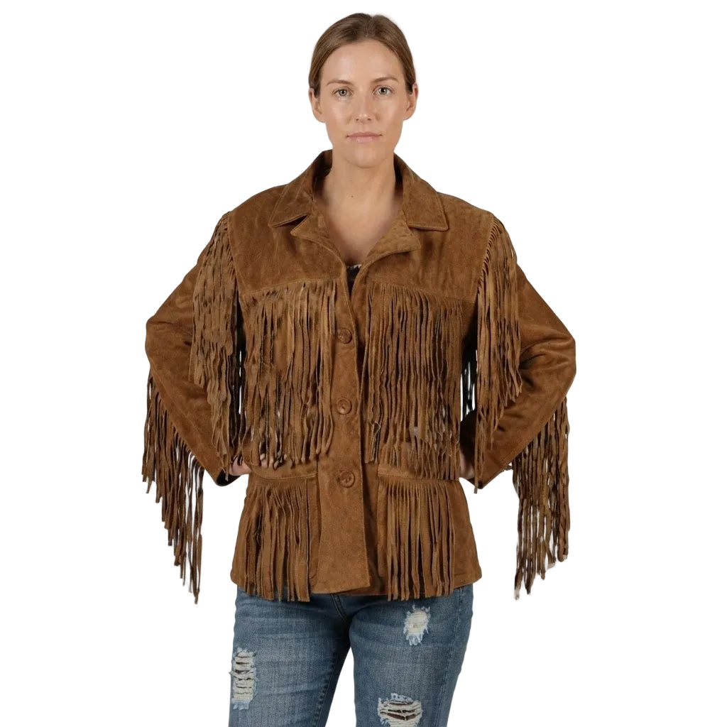 A woman modeling a brown suede fringe jacket with button-front closure and long hanging fringe along the front, sleeves, and hem, paired with distressed blue jeans against a plain white background.
