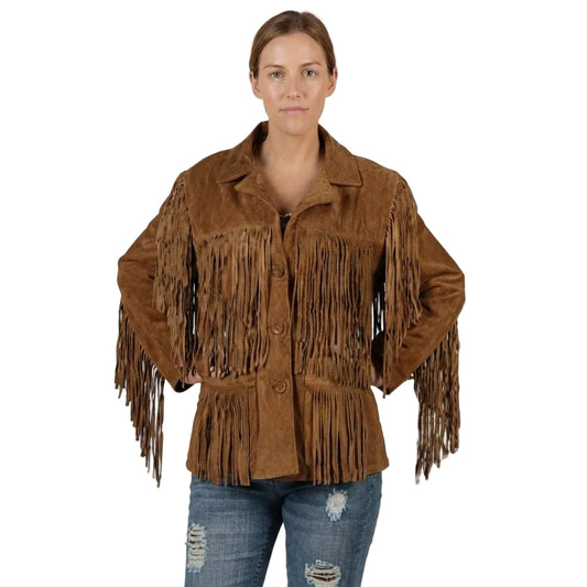 A woman modeling a brown suede fringe jacket with button-front closure and long hanging fringe along the front, sleeves, and hem, paired with distressed blue jeans against a plain white background.