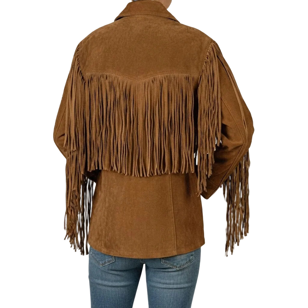 A brown suede fringe jacket shown from the back on a model wearing blue jeans, against a plain white background.