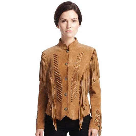 Woman wear a brown suede jacket with fringes and bone work on plain white background