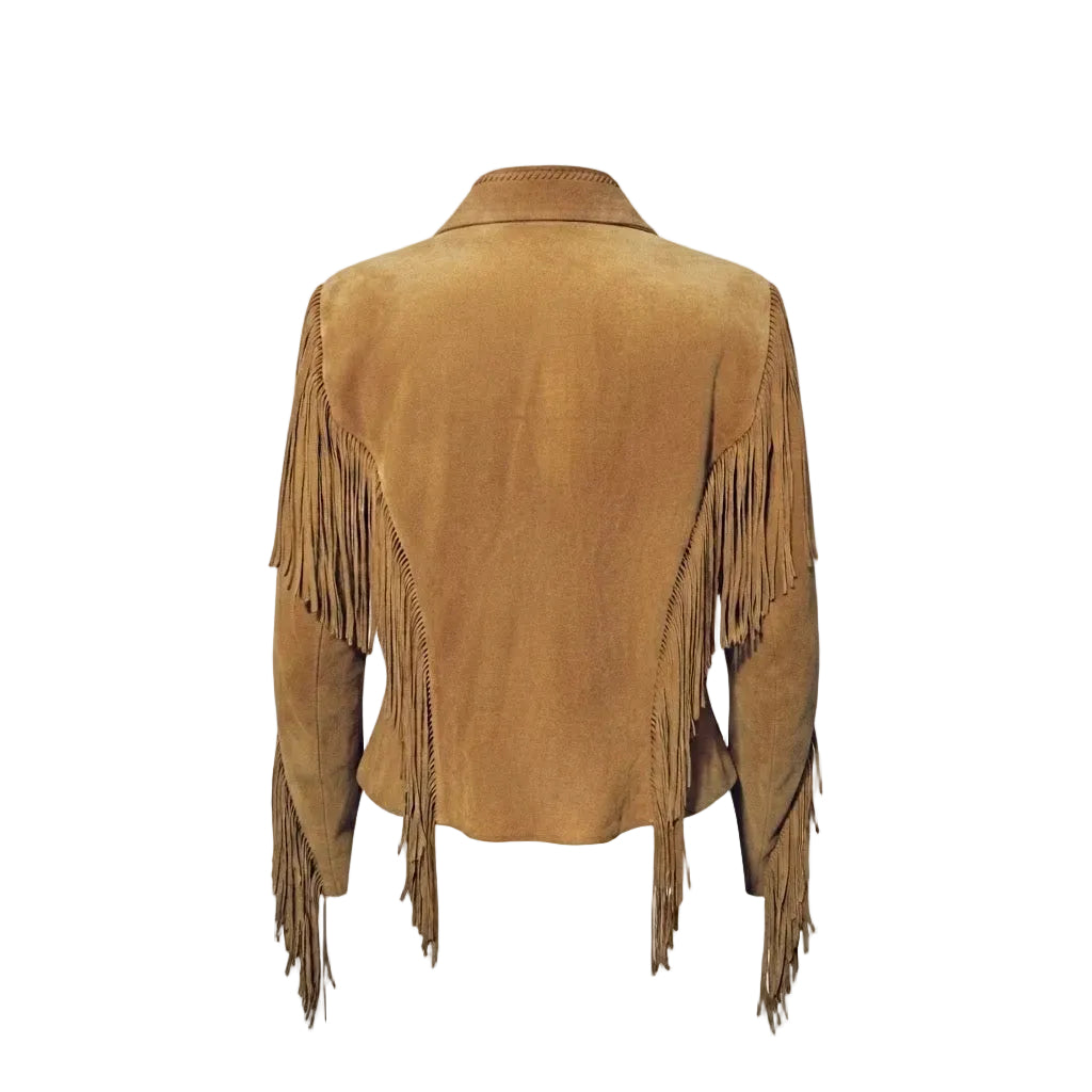 A brown suede fringe jacket shown from the back, featuring long fringe detailing along the shoulders and sleeves, set against a plain white background.