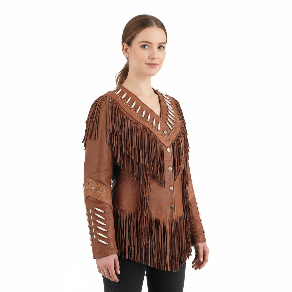 Woman wearing a brown leather fringe jacket on a white background