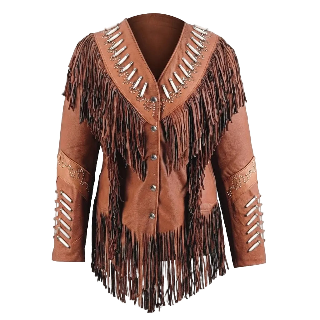 A brown faux-leather fringe jacket with silver-tone studs and decorative cutout details on the sleeves, shown against a plain white background.