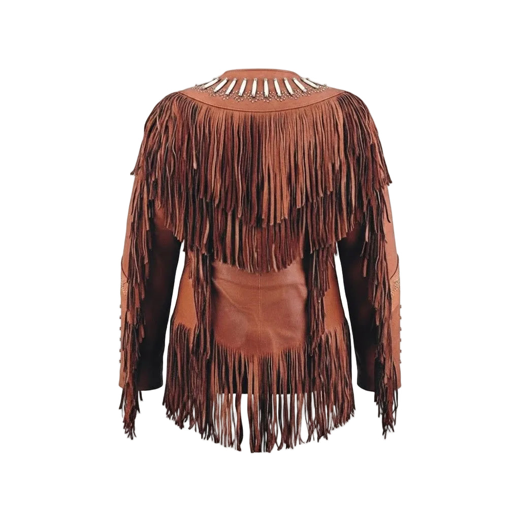 A brown faux-leather fringe jacket with long layered fringe, a round neckline with silver studs, and long sleeves, shown against a plain white background.