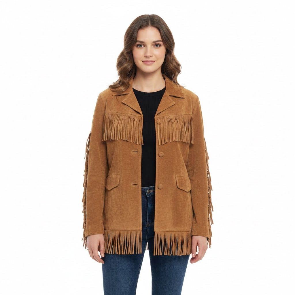 Woman wearing a brown fringed jacket on a white background