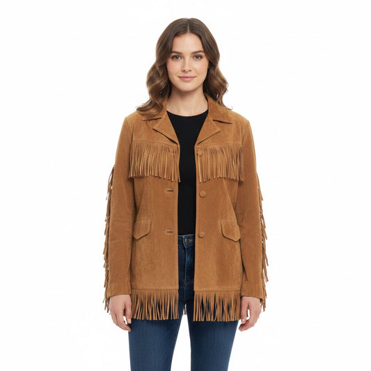 Woman wearing a brown fringed jacket on a white background