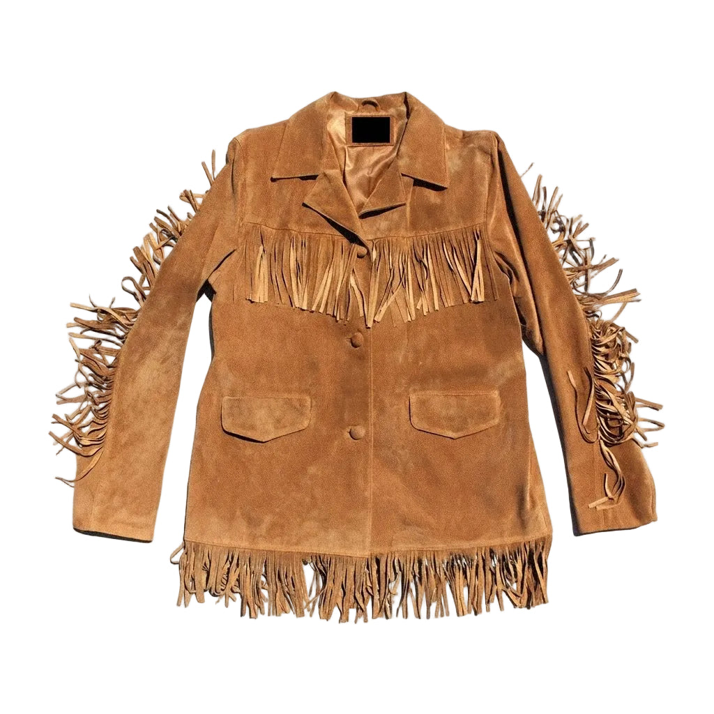 A tan suede fringe jacket with long fringe detailing on the sleeves and hem, featuring two front flap pockets and a button closure, shown against a plain white background.