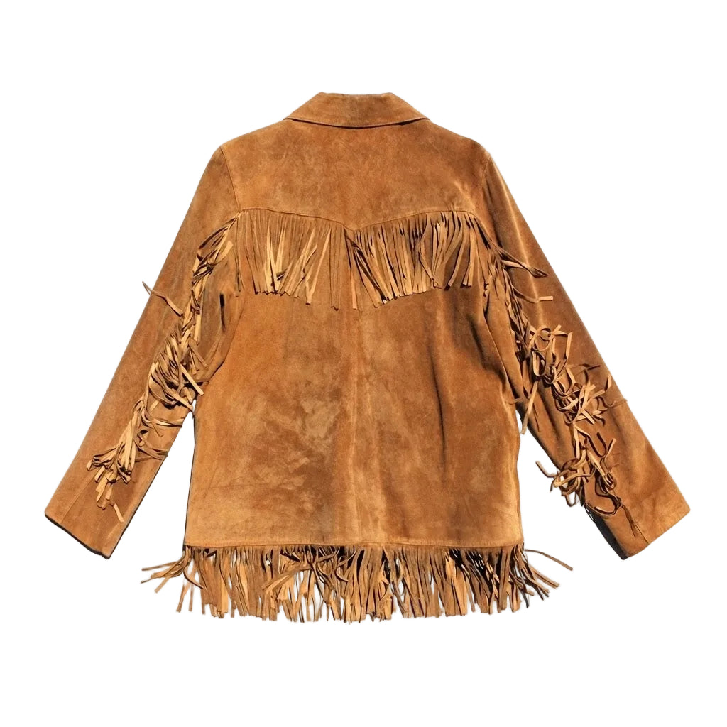 Brown suede fringe jacket shown from the back, featuring long fringe across the upper back and sleeves, and a long fringe hem on a white background.