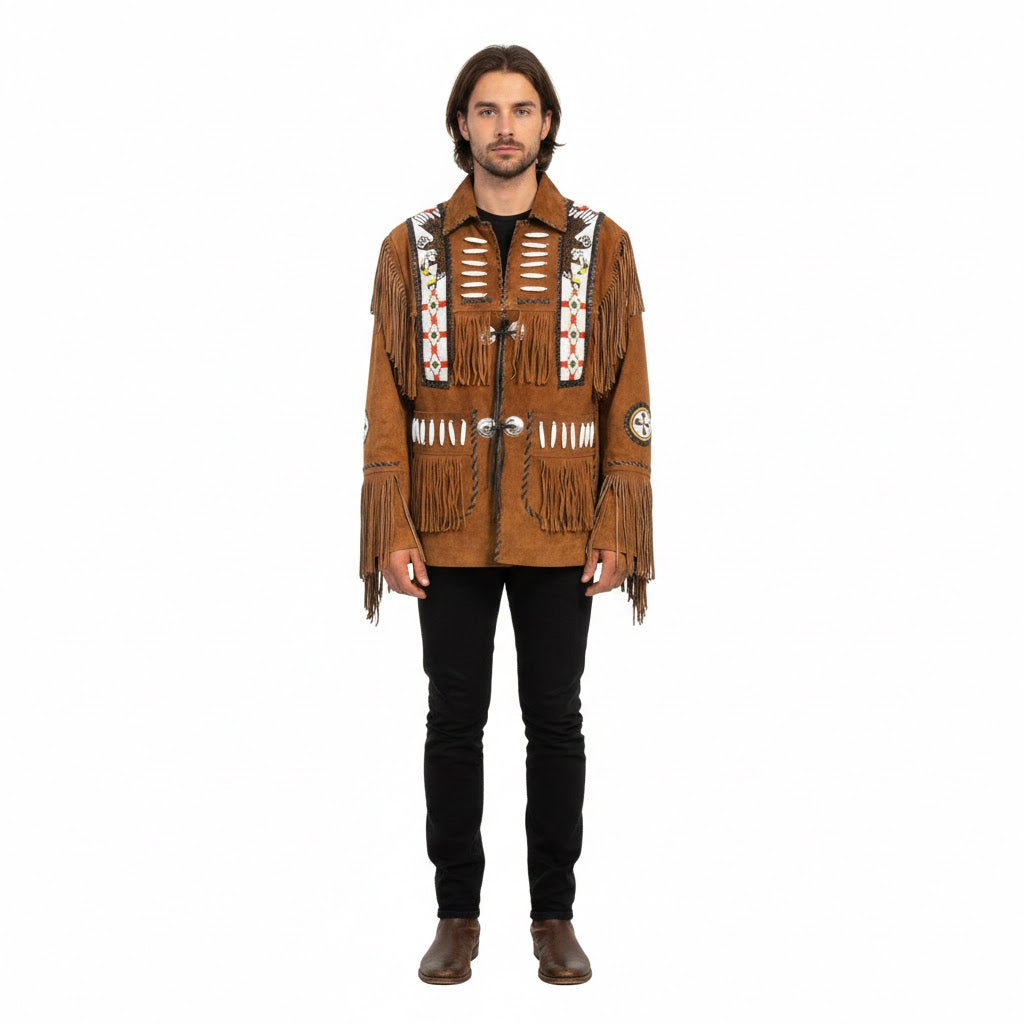Man wearing a brown fringed jacket with decorative elements on a white background