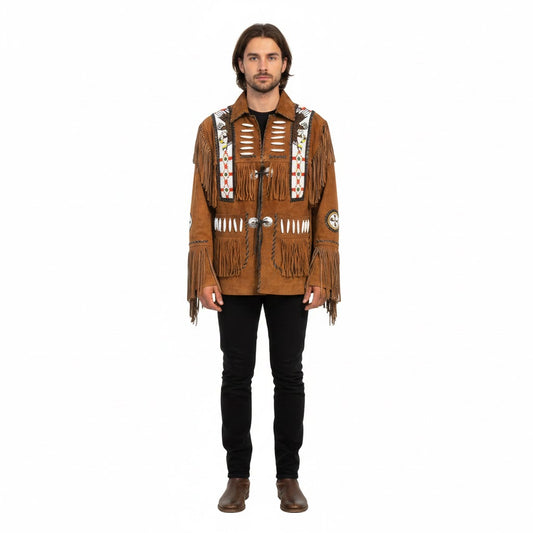 Man wearing a brown fringed jacket with decorative elements on a white background