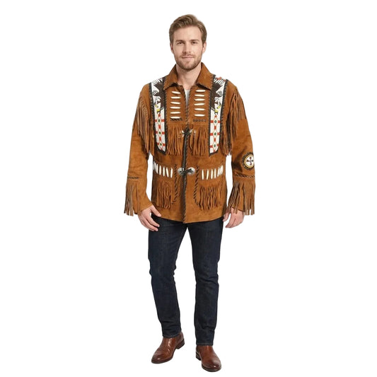 A man modeling a brown suede fringe jacket with Native American-inspired beadwork and embroidery, paired with dark jeans and brown leather boots, against a plain white studio background.