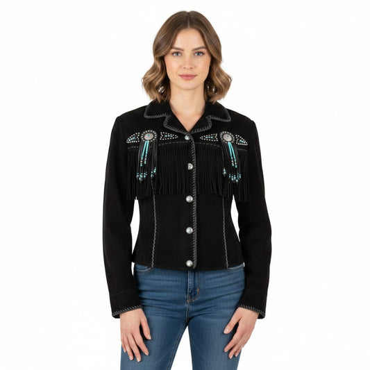 Woman wearing a black jacket with fringe and bead details on a white background